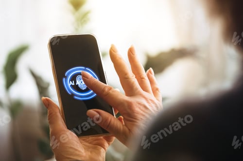 Preview: Close-up of a hand using a smartphone with a fingerprint scanner displaying an AI interface, indoor