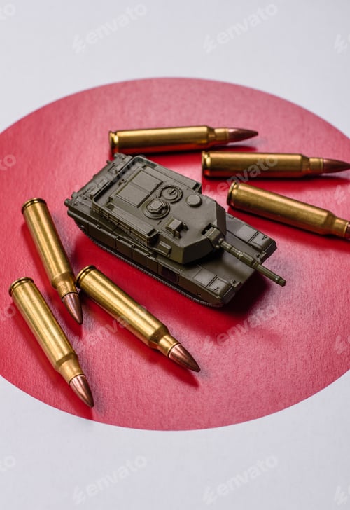 Preview: A tank on the Japanese flag as a conceptual backdrop representing defense