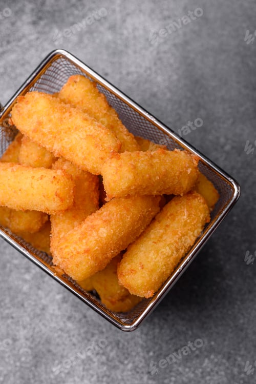 Preview: Mozzarella cheese sticks, breaded and fried with salt and tomato sauce, for takeaway. Cheese sticks