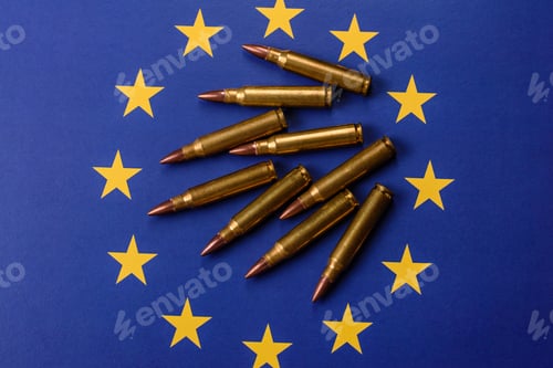 Preview: Assault rifle cartridges on the European Union flag, serving as a conceptual backdrop