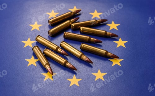 Preview: Assault rifle cartridges on the European Union flag, serving as a conceptual backdrop