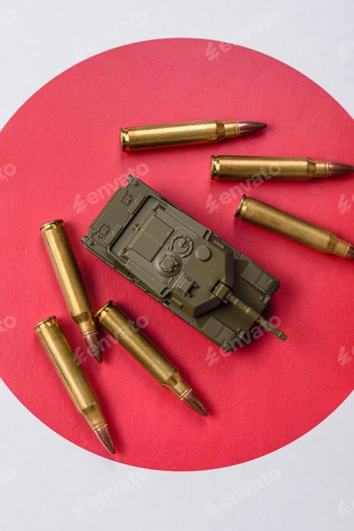 Preview: A tank on the Japanese flag as a conceptual backdrop representing defense