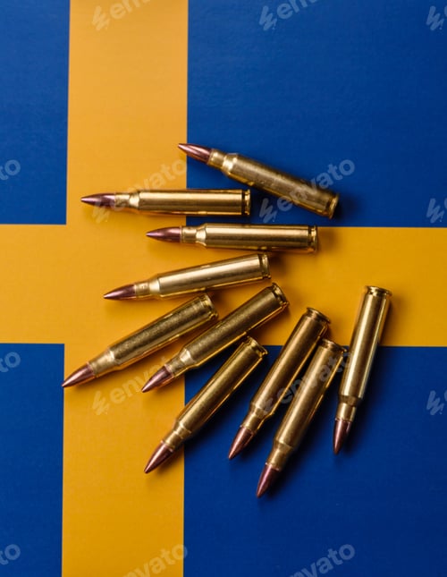 Preview: Assault rifle cartridges on the Sweden flag, serving as a conceptual backdrop