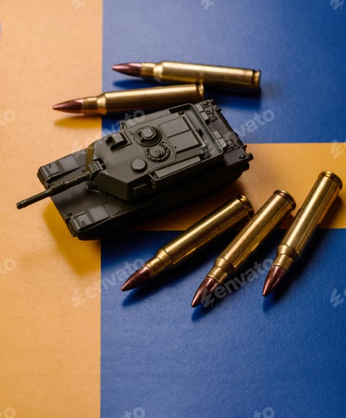 Preview: A tank on the Sweden flag as a conceptual backdrop representing Europe's defense
