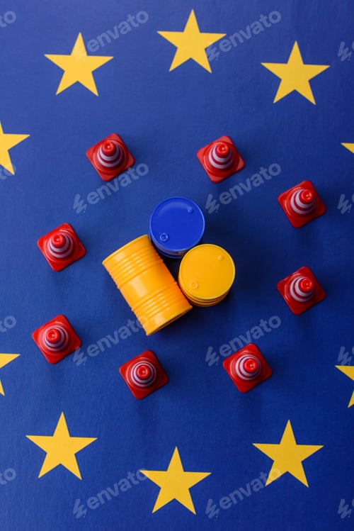 Preview: The cargo container ban on the EU flag as a conceptual backdrop . The cargo container embargo