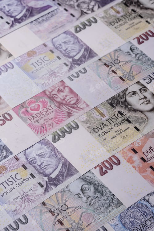 Preview: Czech paper money, koruna or crown, in various denominations for financial exchange. Czech koruna