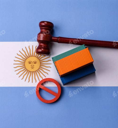 Preview: The cargo container ban on the Argentina flag as a conceptual backdrop. The cargo container embargo