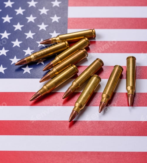 Preview: Assault rifle cartridges on the US flag, serving as a conceptual backdrop for defense