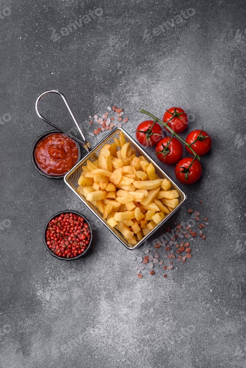 Preview: Golden French fries fried with salt and spices, unhealthy takeaway food. French fries