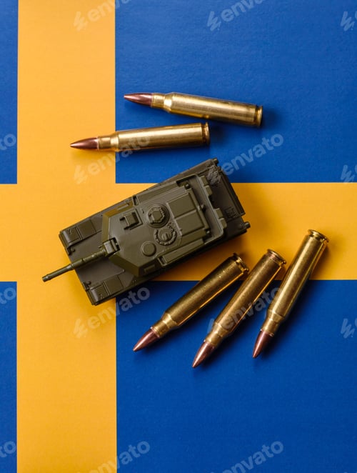 Preview: A tank on the Sweden flag as a conceptual backdrop representing Europe's defense