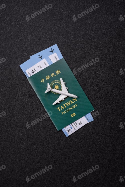 Preview: Taiwan, Taiwanese passport or id document with tickets for flight, travel. Taiwanese passport