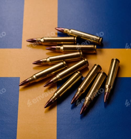 Preview: Assault rifle cartridges on the Sweden flag, serving as a conceptual backdrop