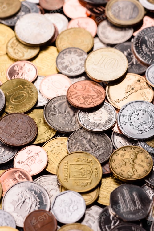 Preview: A background of silver, gold, and copper coins of various denominations. Metal coins