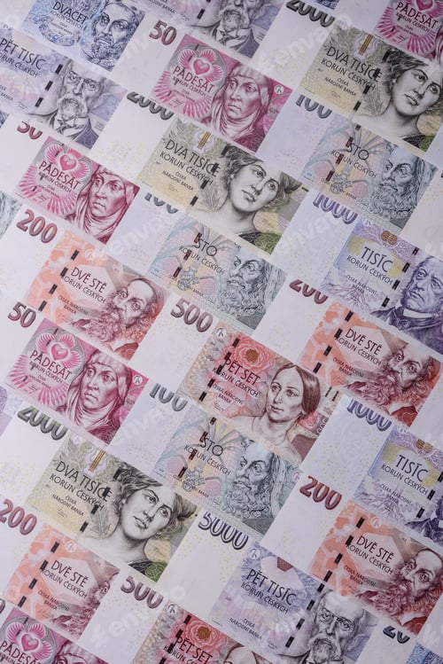 Preview: Czech paper money, koruna or crown, in various denominations for financial exchange. Czech koruna