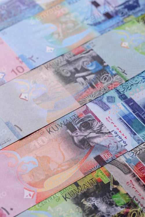 Preview: Kuwait paper money, dinar banknotes as currency for exchange or travel. Kuwaiti money
