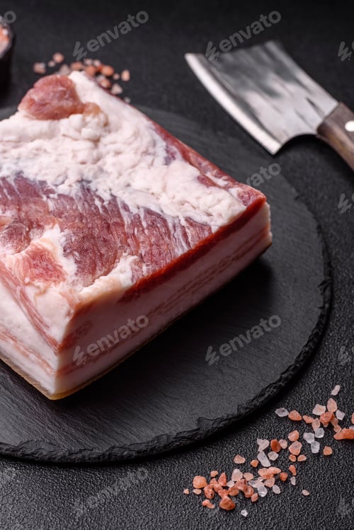 Preview: Raw fresh bacon slices with layers of meat or prosciutto prepared for frying. Raw bacon