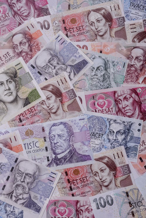 Preview: Czech paper money, koruna or crown, in various denominations for financial exchange. Czech koruna