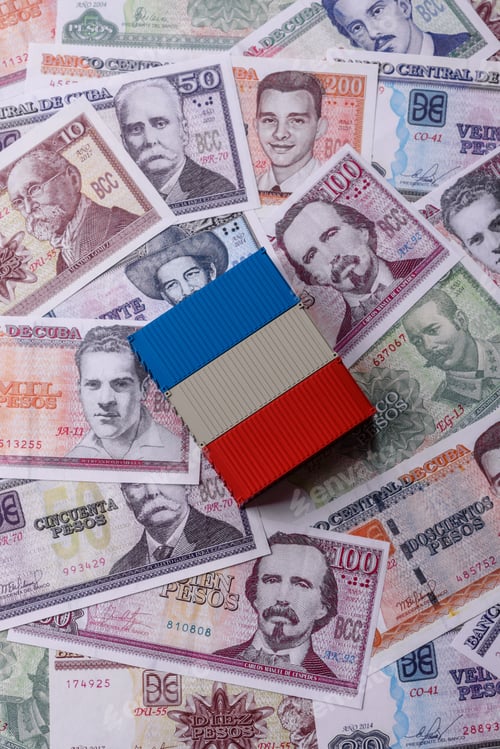 Preview: Cargo containers on the Cuba flag as a conceptual backdrop for goods export. Cargo containers