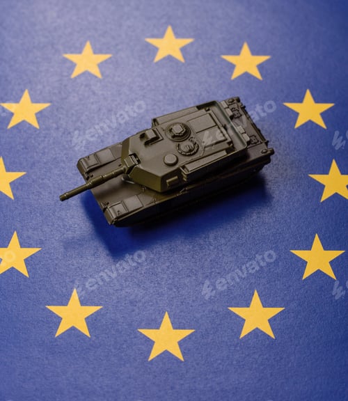 Preview: A tank on the European Union flag as a conceptual backdrop representing Europe's defense