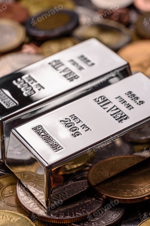 Preview: A silver bar, white metal against a backdrop of money, as a concept for the sales. A silver bar