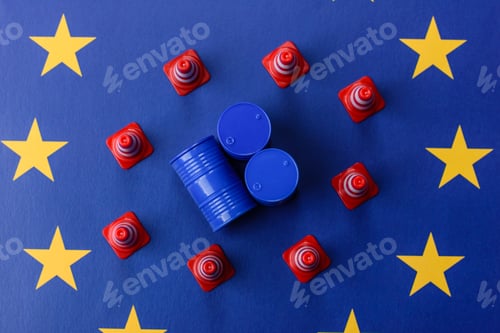 Preview: The cargo container ban on the EU flag as a conceptual backdrop . The cargo container embargo