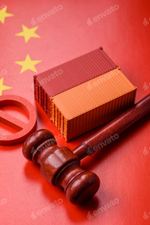 Preview: The cargo container ban on the China flag as a conceptual backdrop. The cargo container embargo