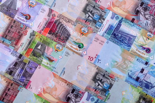 Preview: Kuwait paper money, dinar banknotes as currency for exchange or travel. Kuwaiti money