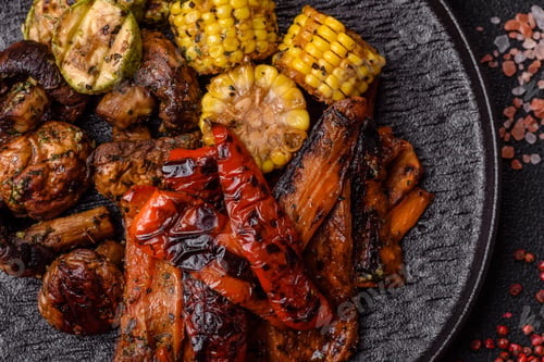 Preview: Vegetables such as corn, bell peppers, zucchini, and grilled mushrooms. Grilled vegetables