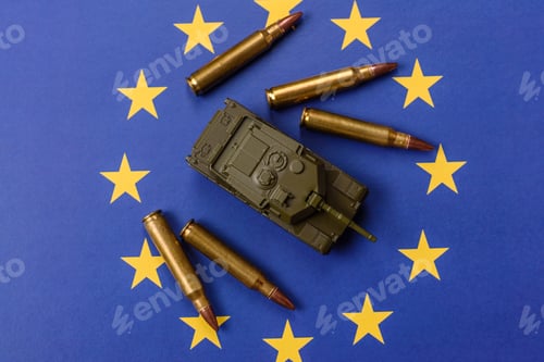 Preview: A tank on the European Union flag as a conceptual backdrop representing Europe's defense