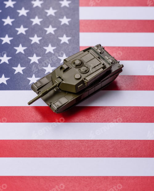 Preview: A tank on the US flag as a conceptual backdrop representing defense and preparation against attack