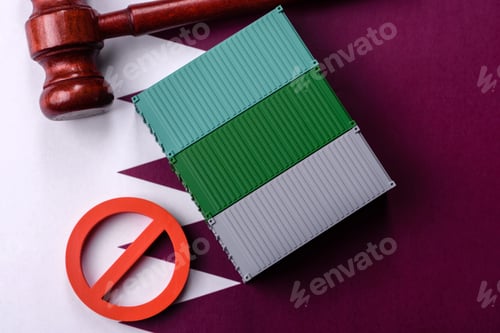 Preview: The cargo container ban on the Qatar flag as a conceptual backdrop. The cargo container embargo