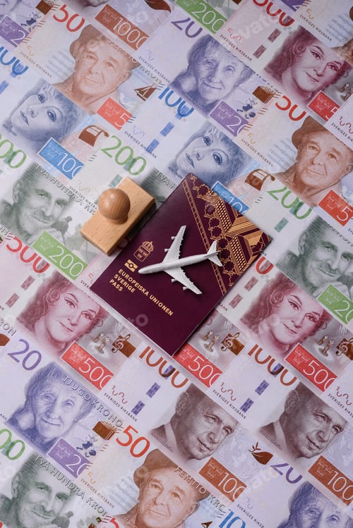 Preview: Sweden, swedish passport or id document with tickets for flight, travel. Swedish passport