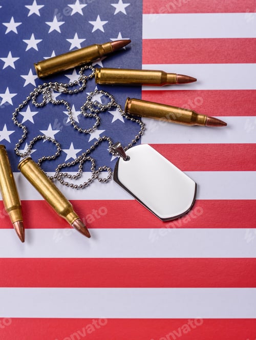 Preview: A dog tag on the US flag, serving as a conceptual backdrop representing defense