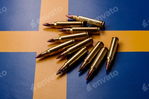 Preview: Assault rifle cartridges on the Sweden flag, serving as a conceptual backdrop
