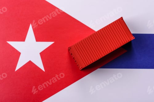 Preview: Cargo containers on the Cuba flag as a conceptual backdrop for goods export. Cargo containers