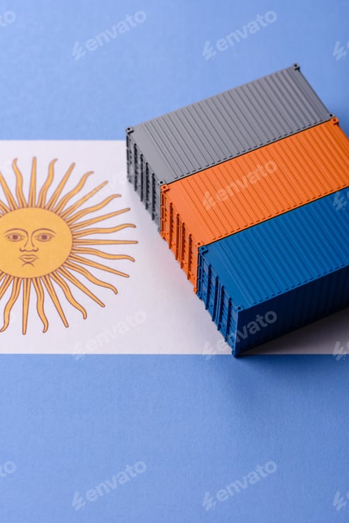 Preview: Cargo containers on the Argentine flag as a conceptual backdrop for goods export. Cargo containers