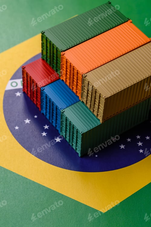 Preview: Cargo containers on the brazil flag as a conceptual backdrop for goods export. Cargo containers