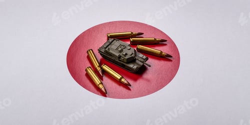 Preview: A tank on the Japanese flag as a conceptual backdrop representing defense