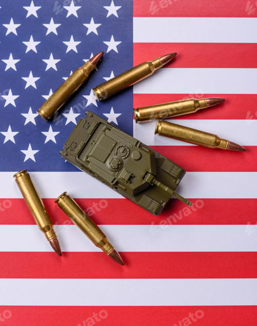 Preview: A tank on the US flag as a conceptual backdrop representing defense and preparation against attack