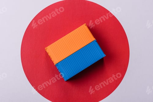 Preview: Cargo containers on the japanese flag as a conceptual backdrop. Cargo containers