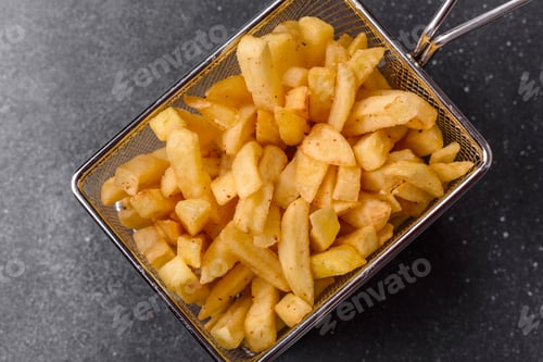 Preview: Golden French fries fried with salt and spices, unhealthy takeaway food. French fries