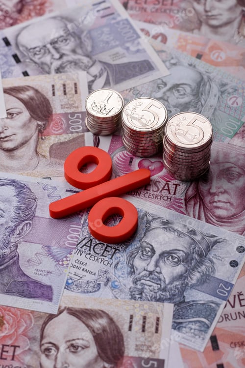 Preview: The percentage sign on cash as a concept for inflation, deposits, or tax. The percentage sign