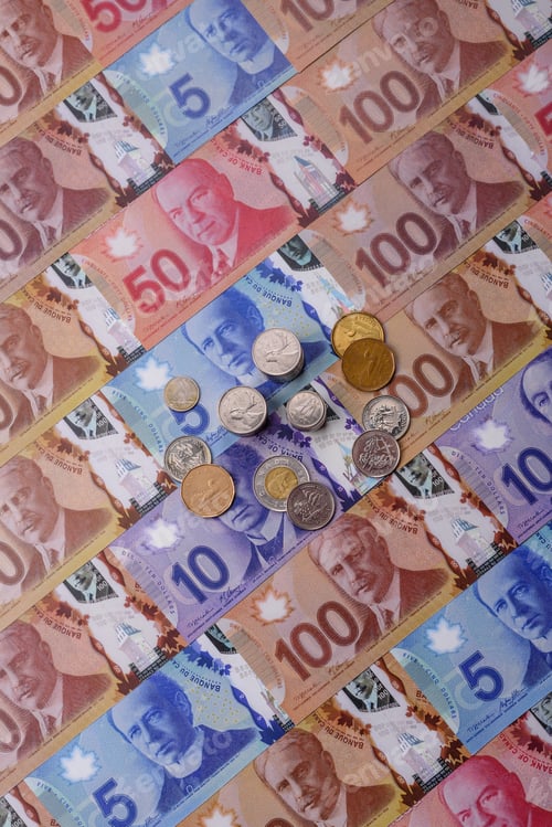 Preview: Money, currency of Canada, dollar banknotes of various denominations. Canadian money