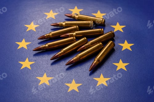 Preview: Assault rifle cartridges on the European Union flag, serving as a conceptual backdrop