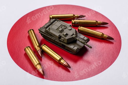 Preview: A tank on the Japanese flag as a conceptual backdrop representing defense