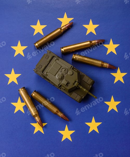 Preview: A tank on the European Union flag as a conceptual backdrop representing Europe's defense