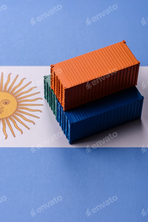 Preview: Cargo containers on the Argentine flag as a conceptual backdrop for goods export. Cargo containers