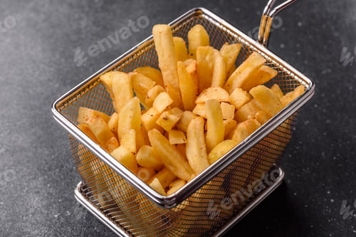 Preview: Golden French fries fried with salt and spices, unhealthy takeaway food. French fries