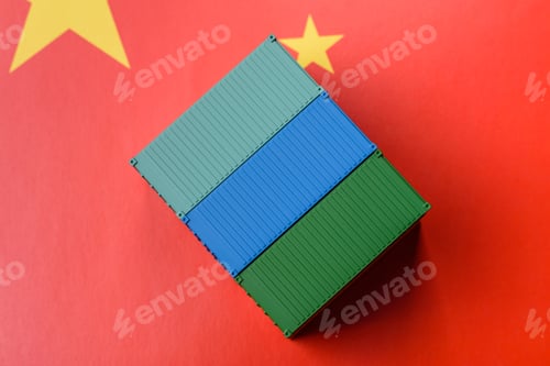 Preview: Cargo container on the china flag as a conceptual backdrop for goods export. Cargo container