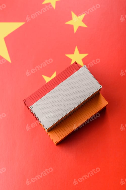 Preview: Cargo container on the china flag as a conceptual backdrop for goods export. Cargo container